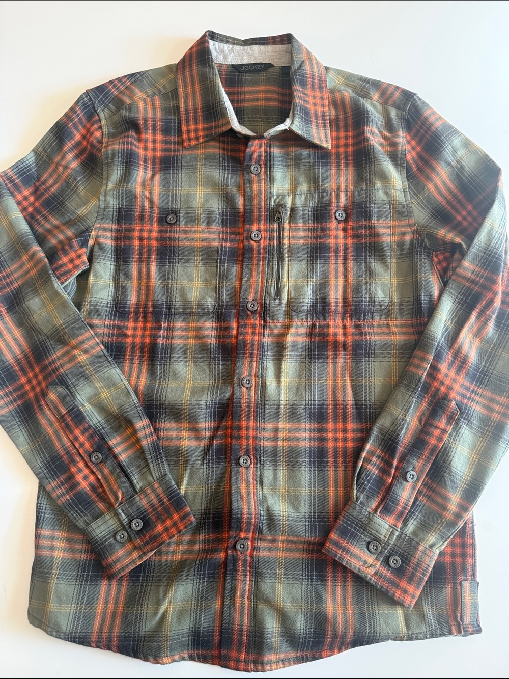 Jockey Luke Bryan Outdoors Men's Olive Green Orange Plaid Flannel Shirt Sz S EUC